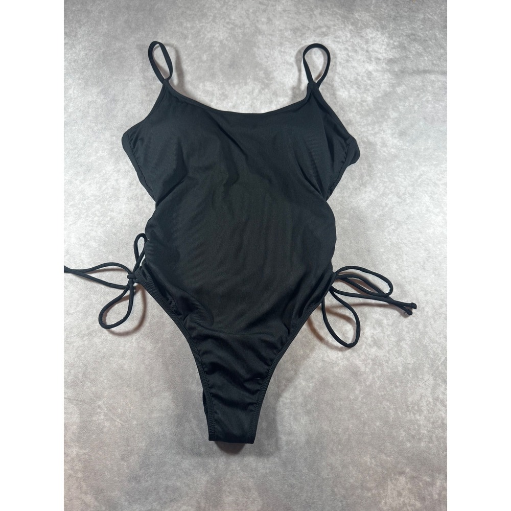 Shade & Shore Womens Black Ribbed Side Tie One Piece Swimsuit Size M 8-10